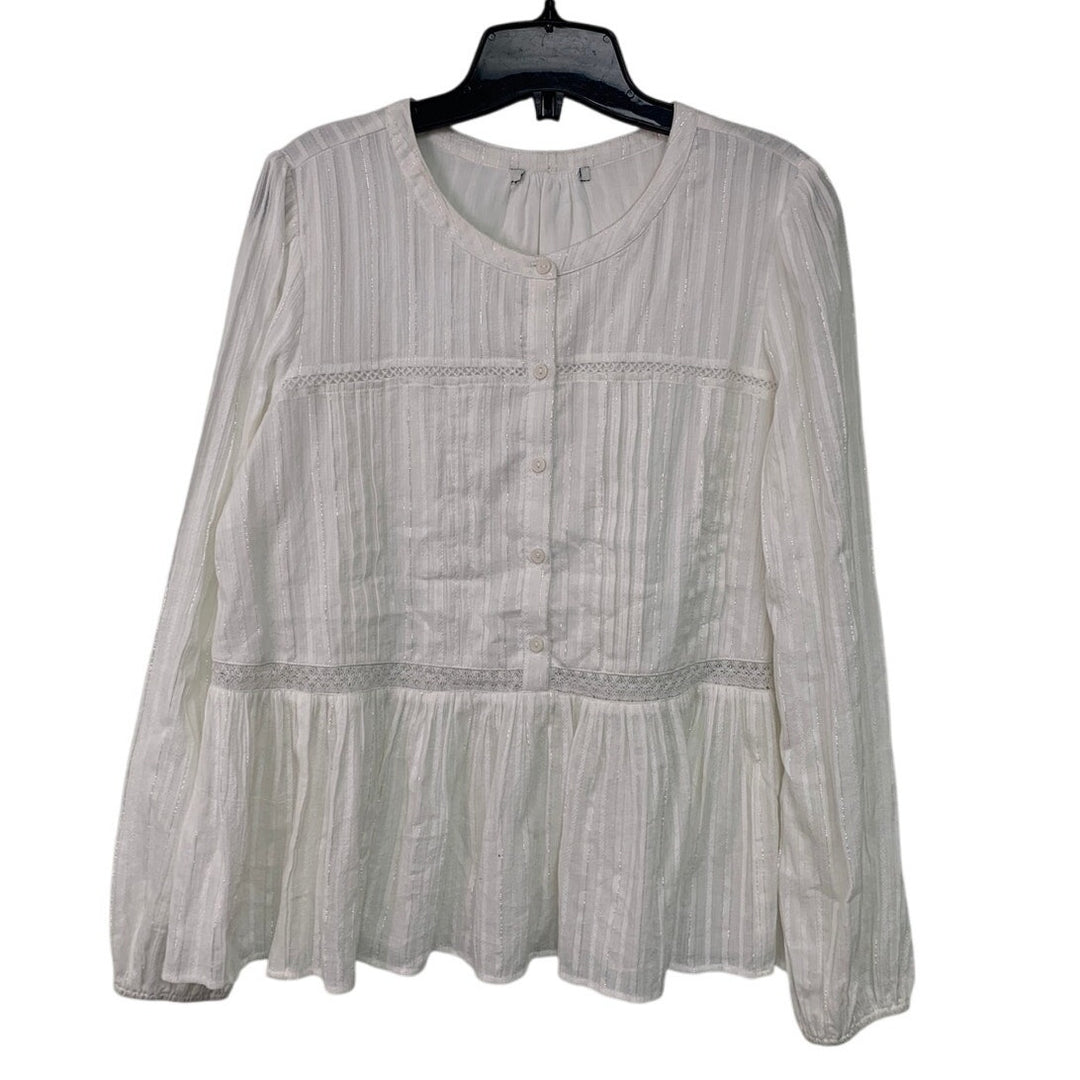 New American Eagle Womens Large Long Sleeve Button Up Metalic Stripes Flowy Top