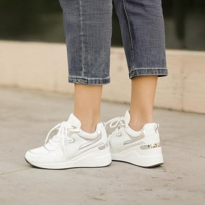 Cestfini Womens Size 9 White Lace Up Silver Accent Wedge Heel Sneaker Shoes