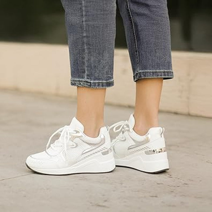 Cestfini Womens Size 9 White Lace Up Silver Accent Wedge Heel Sneaker Shoes
