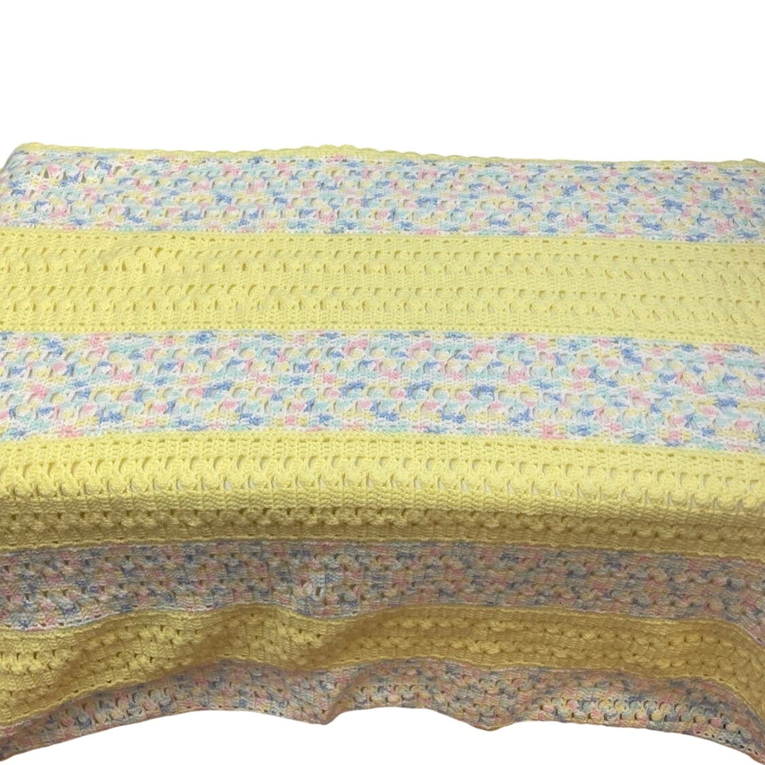 Handmade Pastel Yellow White Blue Hand Crocheted Baby Blanket Afghan Throw