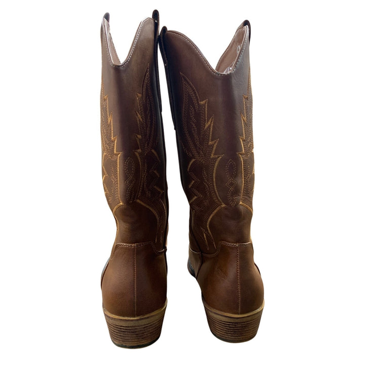 IUV Womens Size 9.5 Brown Faux Leather 1.5" Block Heel Embroidered Cowboy Boots