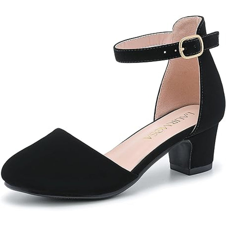 Laurmosa Big Girls Size 2 Black Faux Suede Closed Toe Ankle Strap 2" Heel Shoes