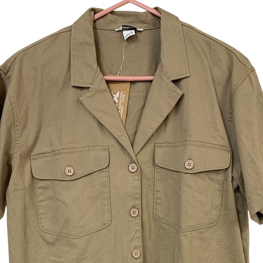 New Eddie Bauer Womens Medium Tan Everyday Cotton Short Sleeve Button Up Shirt