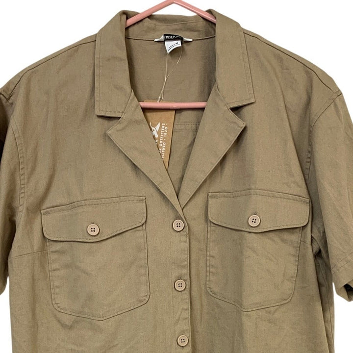 New Eddie Bauer Womens Medium Tan Everyday Cotton Short Sleeve Button Up Shirt
