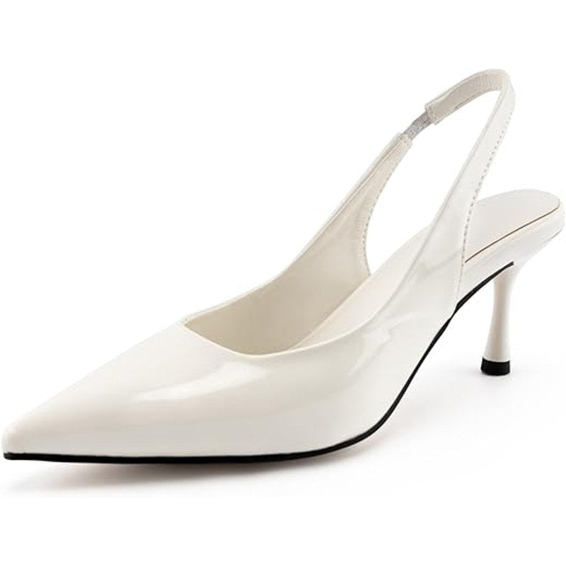 New Heelchic Womens 6.5 White Faux Leather Closed Toe 3" Heel Slingback Shoes