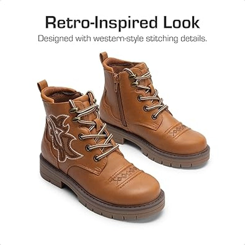 Dream Pairs Girls Size 13 Brown Lace Up Side Zip Embroidered Faux Leather Boots