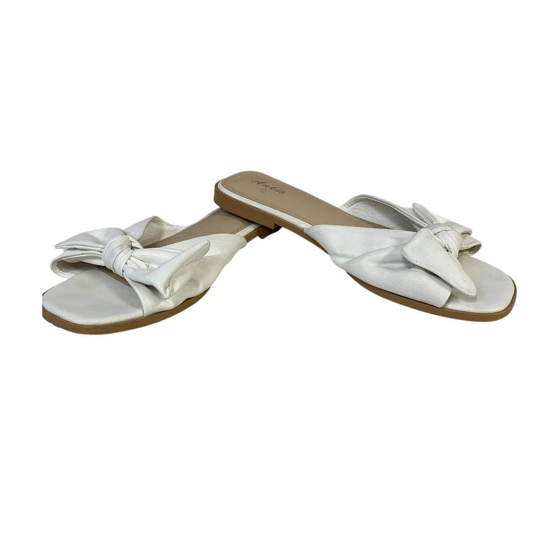 Ankis Womens Size 11 White Faux Leather Bow Flat Slip On Open Toe Sandal Shoes