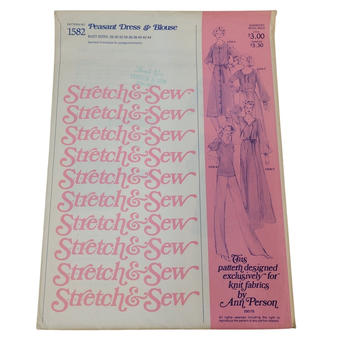 1978 Stretch &amp; Sew 1582 Peasant Dress &amp; Blouse Sewing Pattern, Complete &amp; Uncut