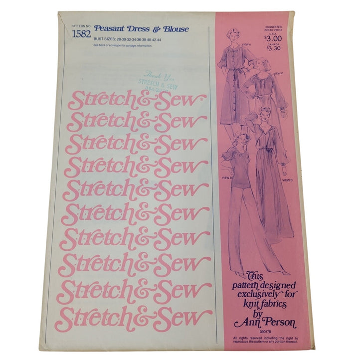 1978 Stretch &amp; Sew 1582 Peasant Dress &amp; Blouse Sewing Pattern, Complete &amp; Uncut