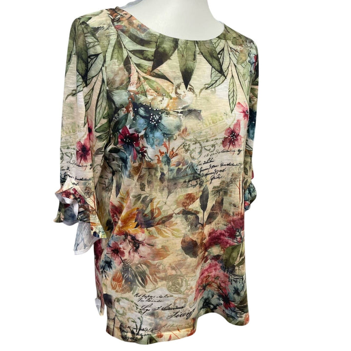Time &amp; Tru Womens Small 3/4 Ruffled Sleeve Floral Silver Bead Forest Top Blouse