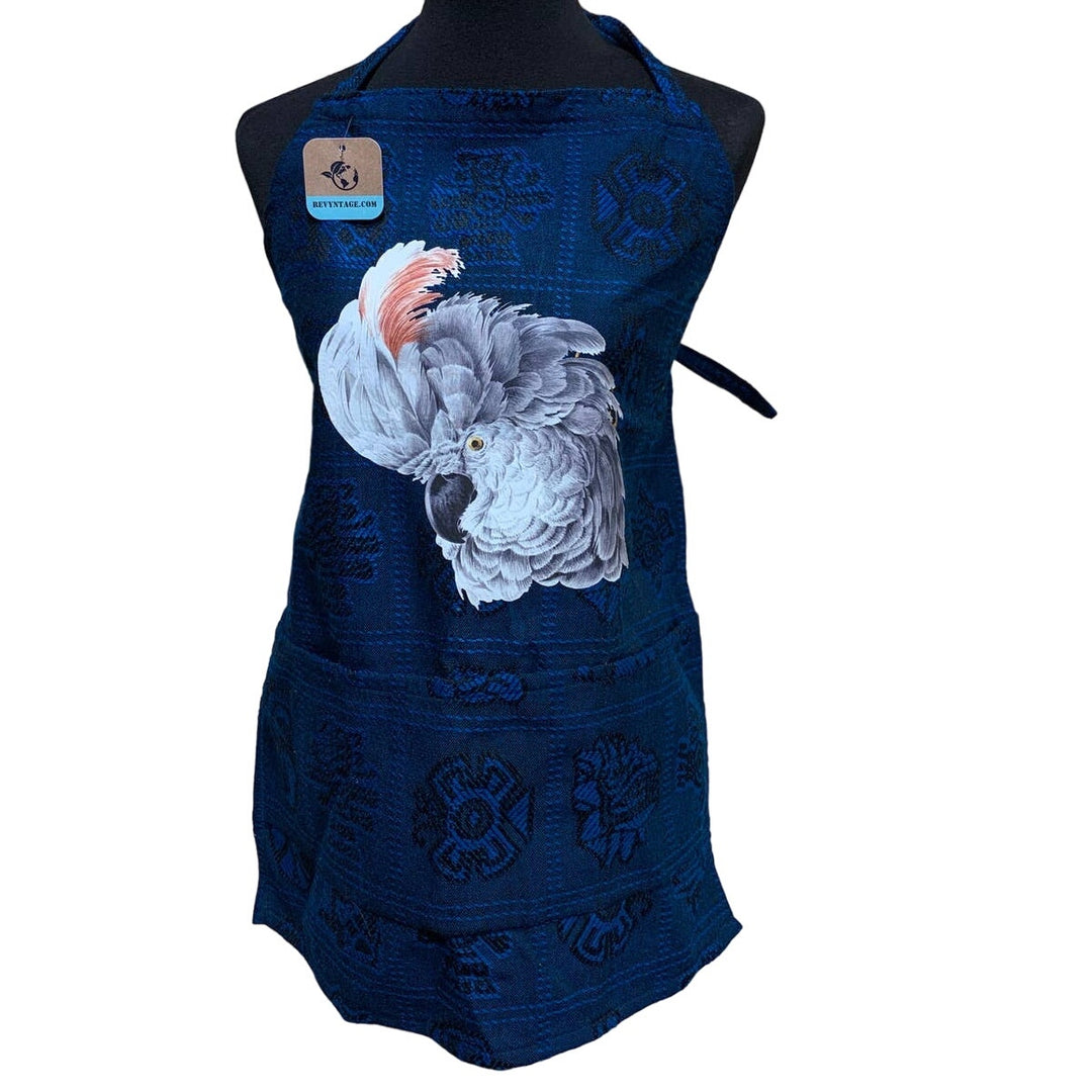 Upcycled Hand Printed White Cockatoo Parrot Chef Kitchen Craft Apron W Back Ties