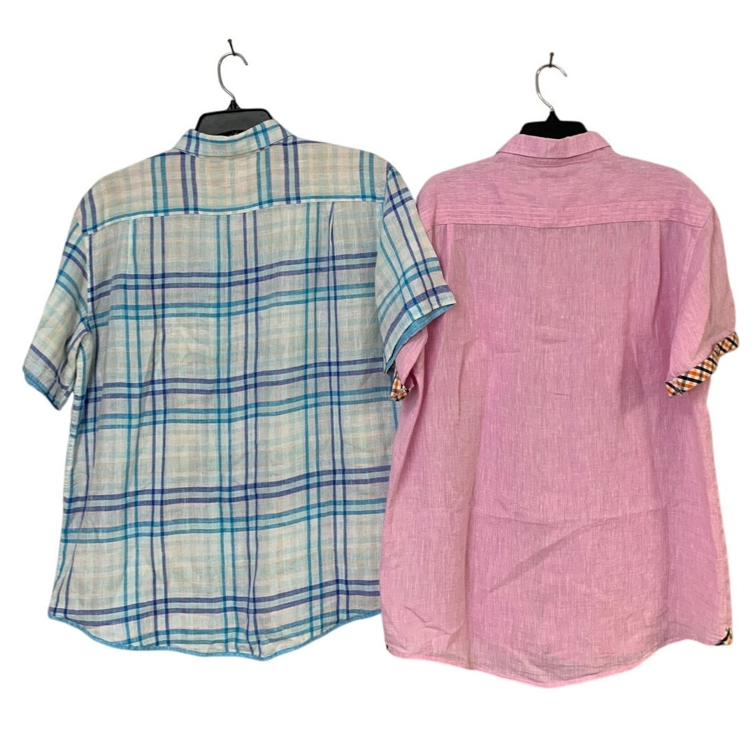 Lot of 2 Bohio Wamaini Mens XL 100% Linen Plaid Short Sleeve Button Up Shirts