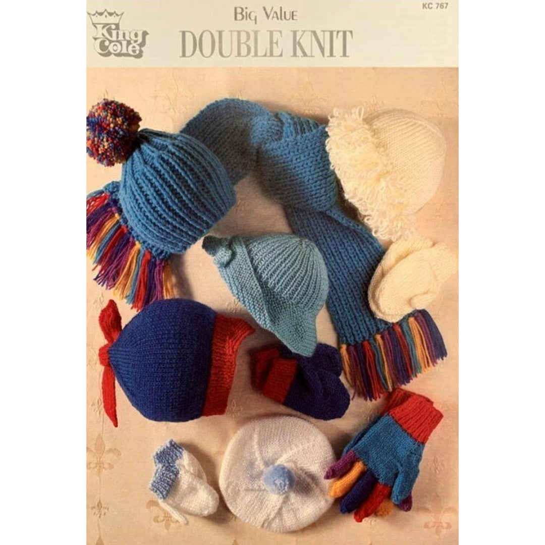 New King Cole KC767 Big Value DK Child Hat Scarf Mitten Gloves Knitting Pattern