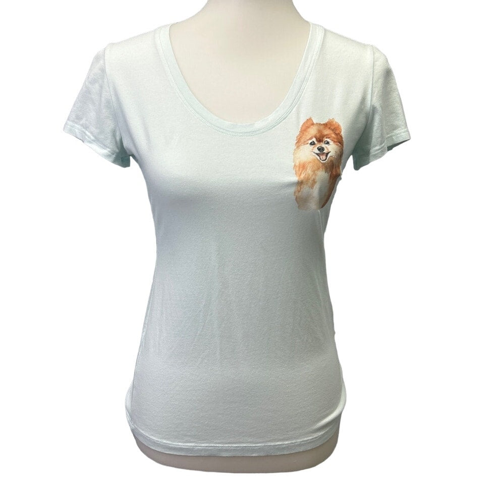 Hand Printed Upcycled Womens XS Pomeranian Puppy Dog Scoop Neck Tee Shirt Top