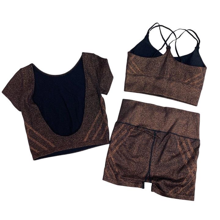 New Offline Womens XS Metallic Short Sleeve Top Bra Shorts 3 Piece Athletic Set