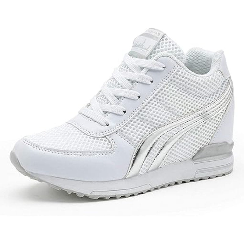 Aonegold Womens Size 6.5 White SIlver High Top Lace Up Hidden Heel Sneaker Shoes