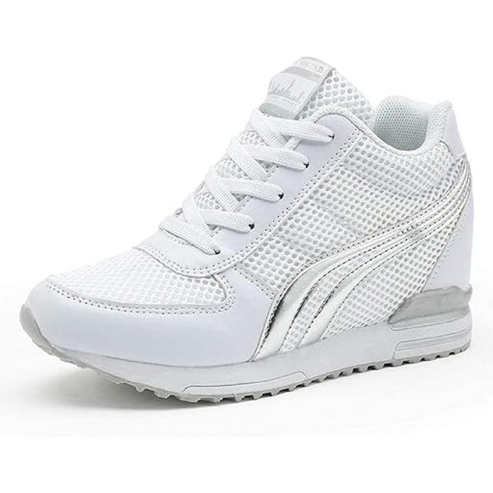 Aonegold Womens Size 6.5 White SIlver High Top Lace Up Hidden Heel Sneaker Shoes
