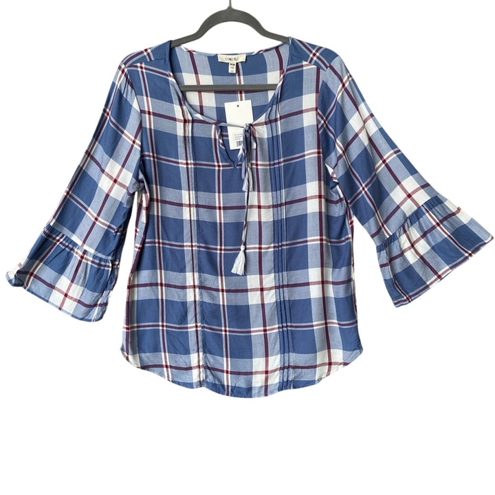 NWT New Como Blu Womens Medium Blue Plaid Half Bell Sleeve Rayon Front Tie Top