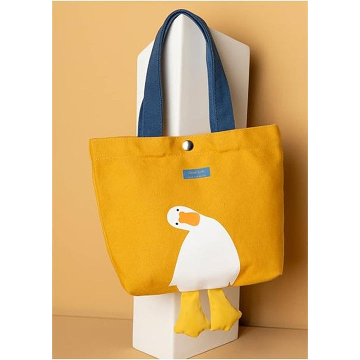New Small Cute Canvas Curious Duck Canvas Double Handle Snap Closure Tote Bag