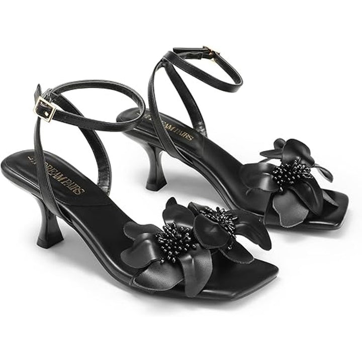 Dream Pairs Womens Size 7 Black Open Toe Flower 3" Heel Ankle Strap Sandal Shoes
