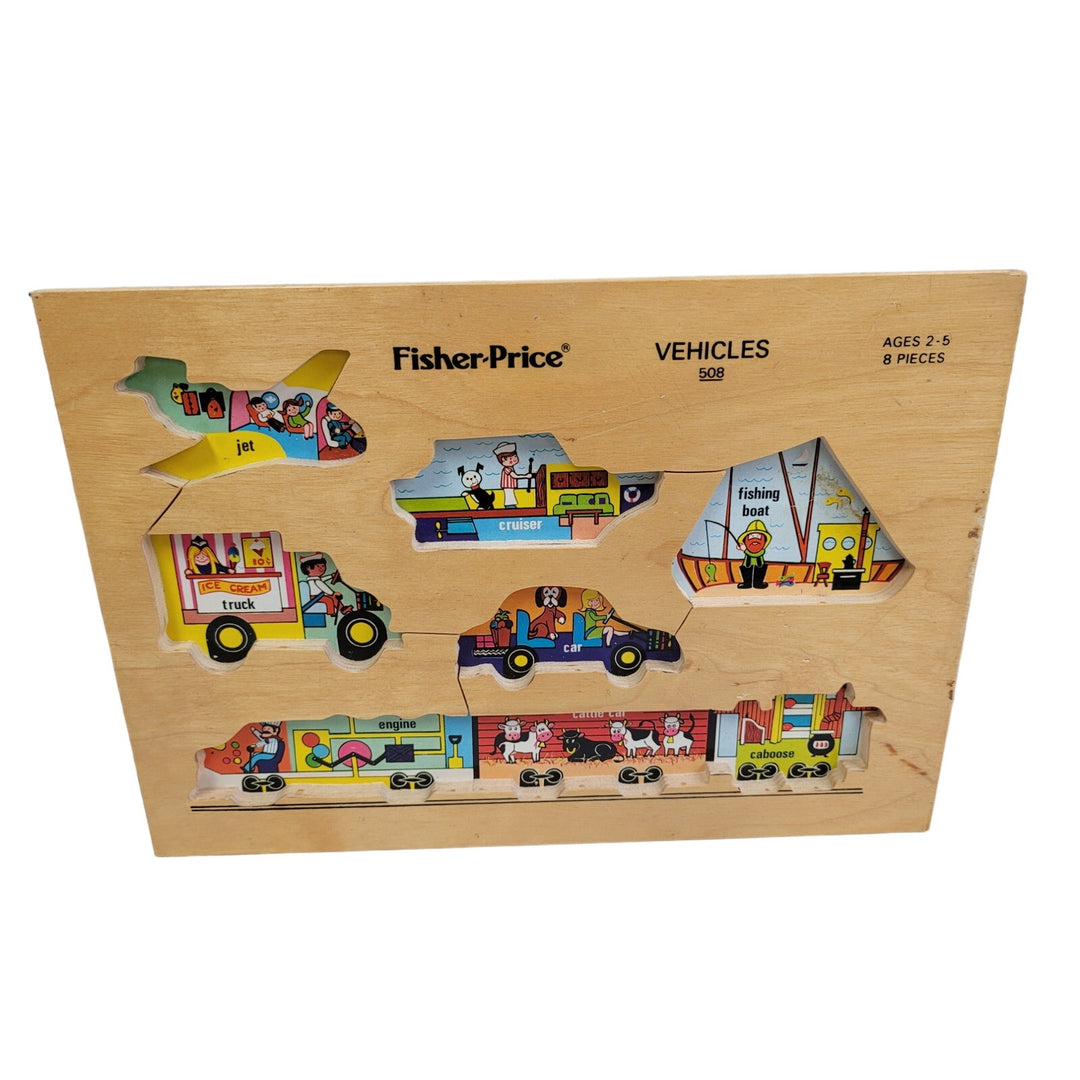 Vintage 1973 Fisher Price Quaker Oats Wooden Vehicles 8 Piece Jigsaw Puzzle