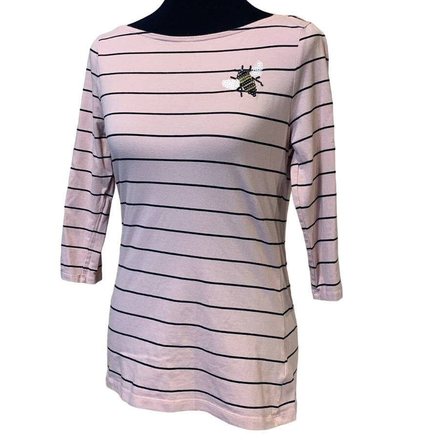 A New Day Womens Medium Buzzy Sequin Bee Pale Pink Striped PolyCotton Tee