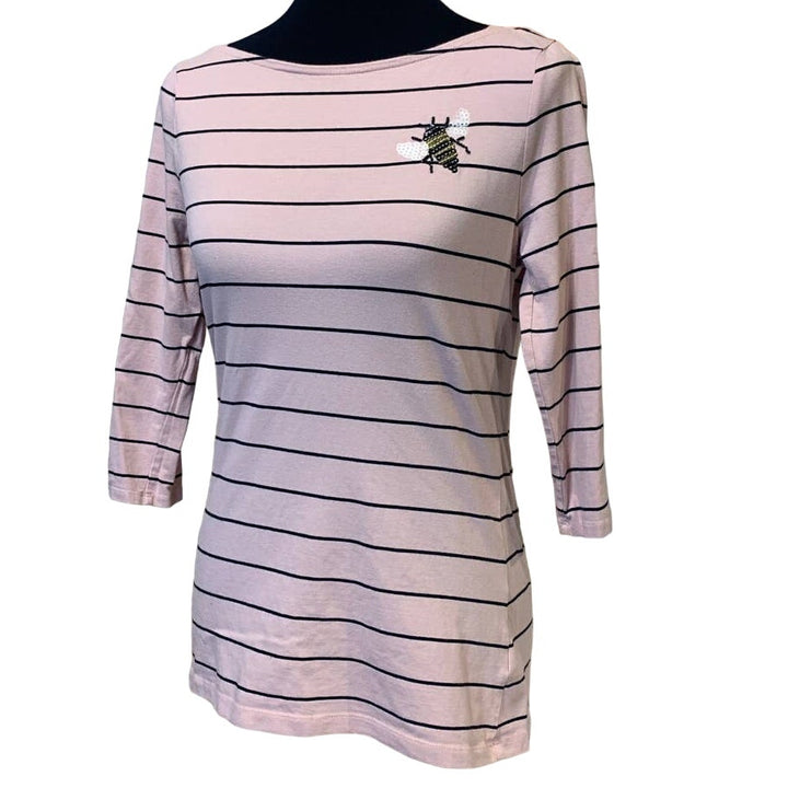 A New Day Womens Medium Buzzy Sequin Bee Pale Pink Striped PolyCotton Tee