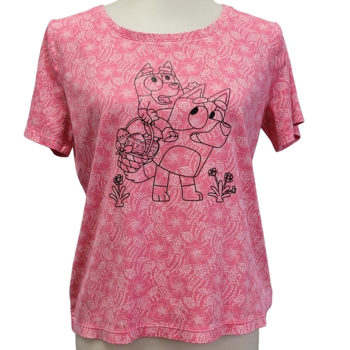 Hand Printed Upcycled Womens Large Bluey Bingo Easter Egg Short Sleeve Tee