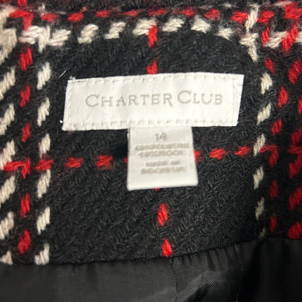 Charter Club Womens Size 14 Plaid Wool Blend Long Sleeve Collared Button Up Coat