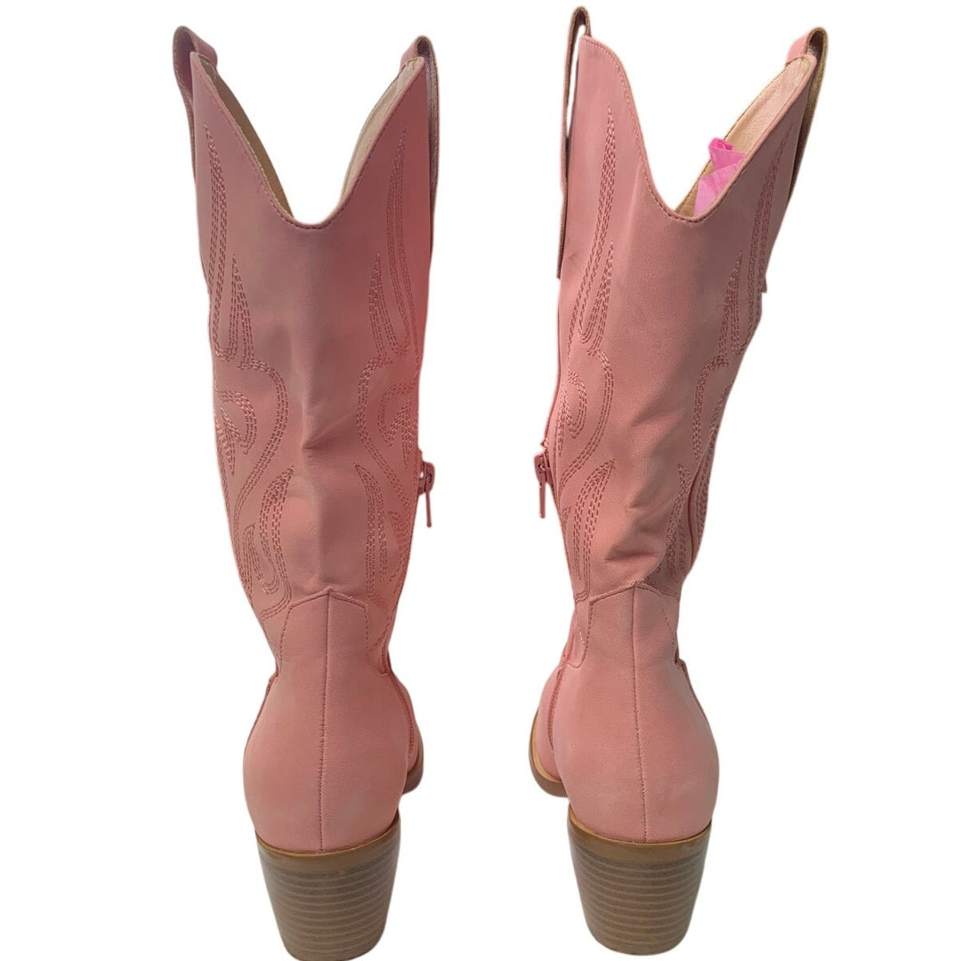 Womens Size 6 Pink Pointed Toe 2" Block Heel Pull On Embroidered Cowboy Boots