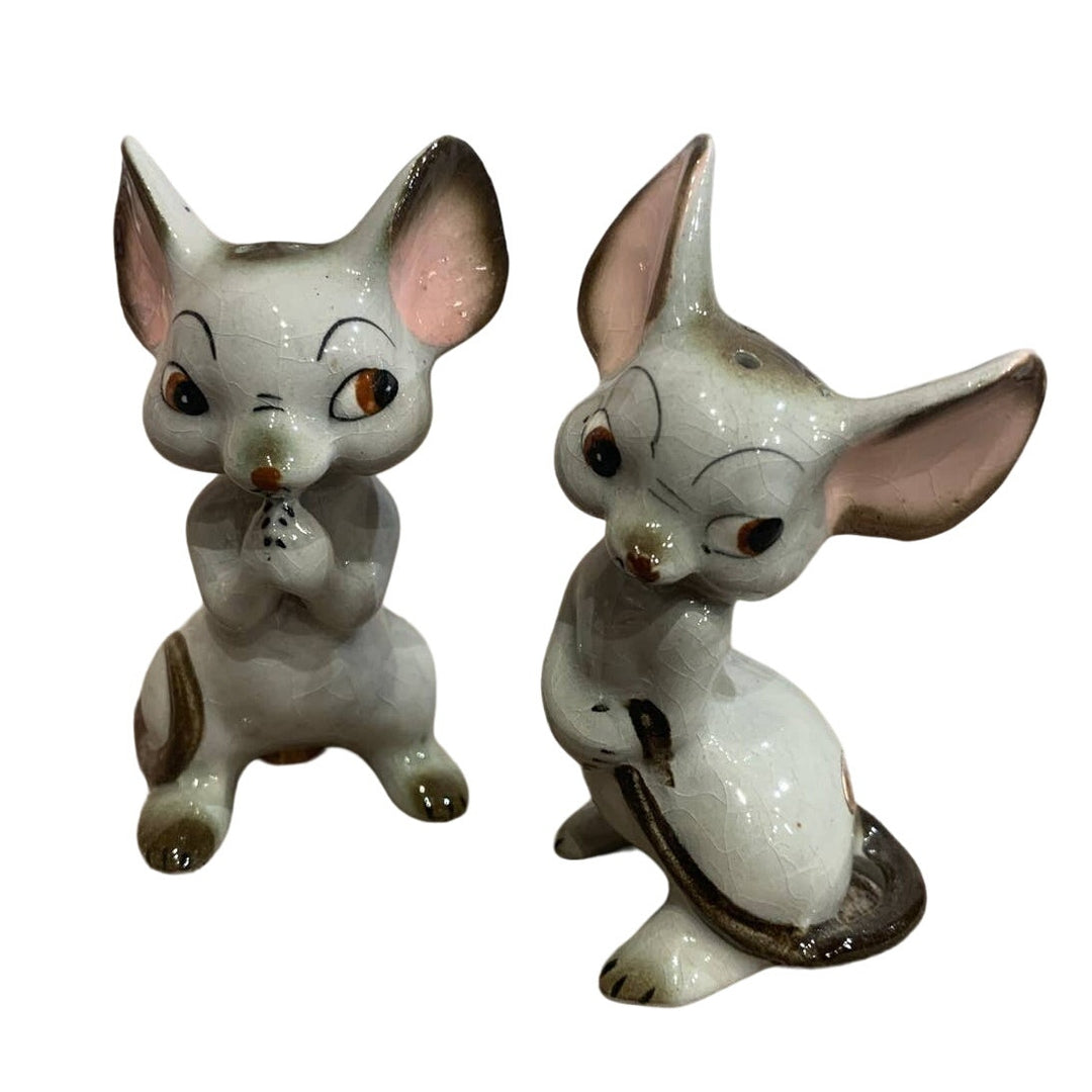 Vintage Japan Ceramic Mouse Cartoon Pair of Mice Gray Salt Pepper Shaker Set