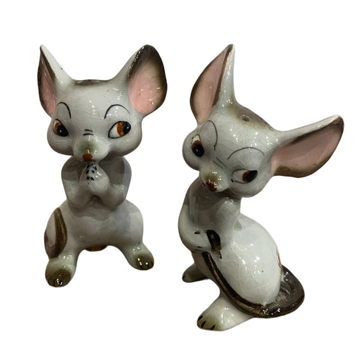 Vintage Japan Ceramic Mouse Cartoon Pair of Mice Gray Salt Pepper Shaker Set