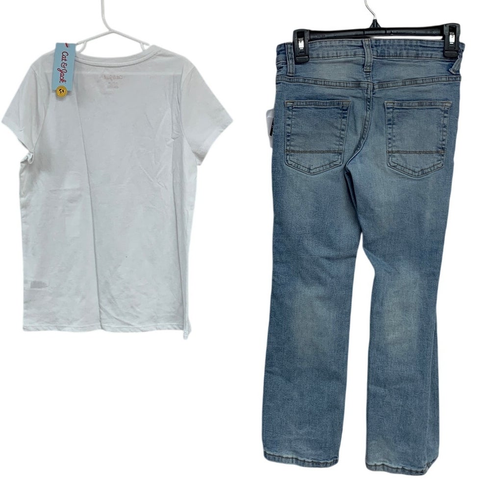 2 NWT New Cat &amp; Jack Boys Large (10/12) White Tee Shirt Straight Denim Jeans