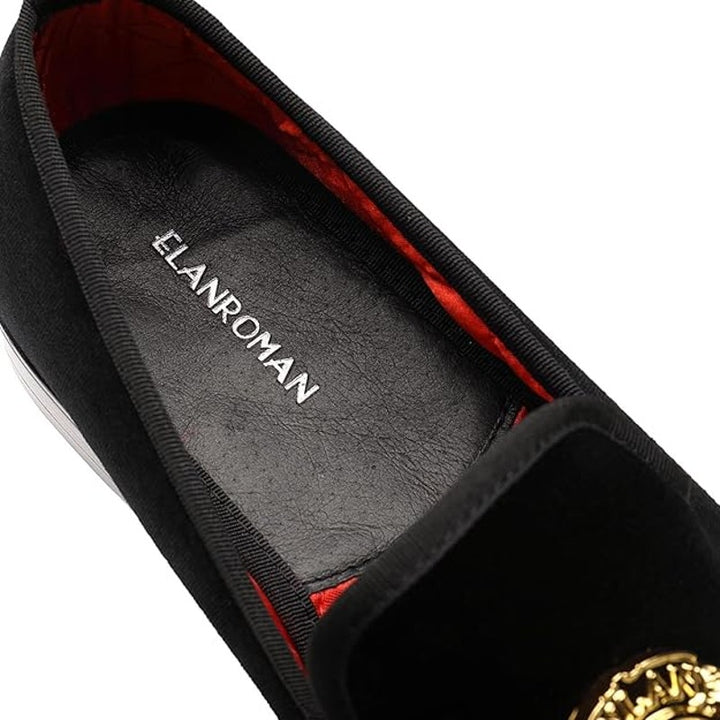 Elanroman Mens Size 9 Black Velvet Gold Slip On Low Heel Loafers Formal Shoes
