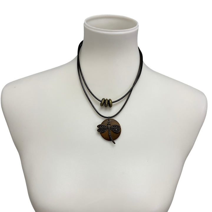 New Bronzed Dragonfly Wood Disc Black Corded Boho Necklace in Red Gift Box