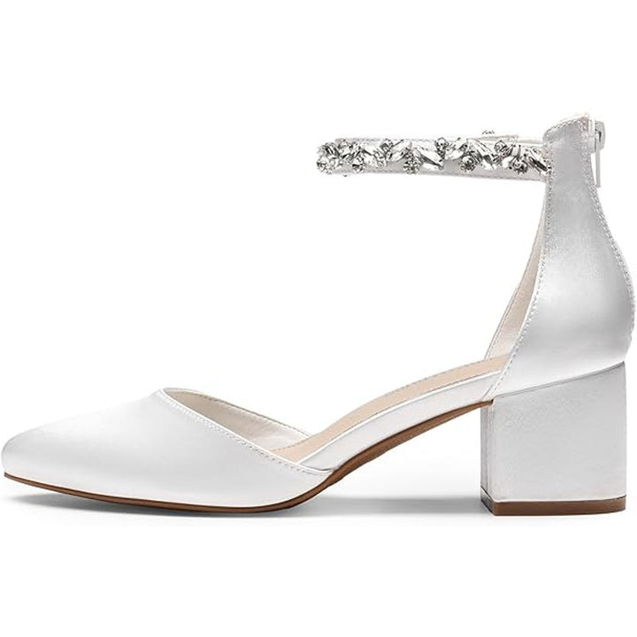 Dream Pairs Womens 9 White Satin Pointy Toe 2.25" Block Heel Ankle Strap Shoes