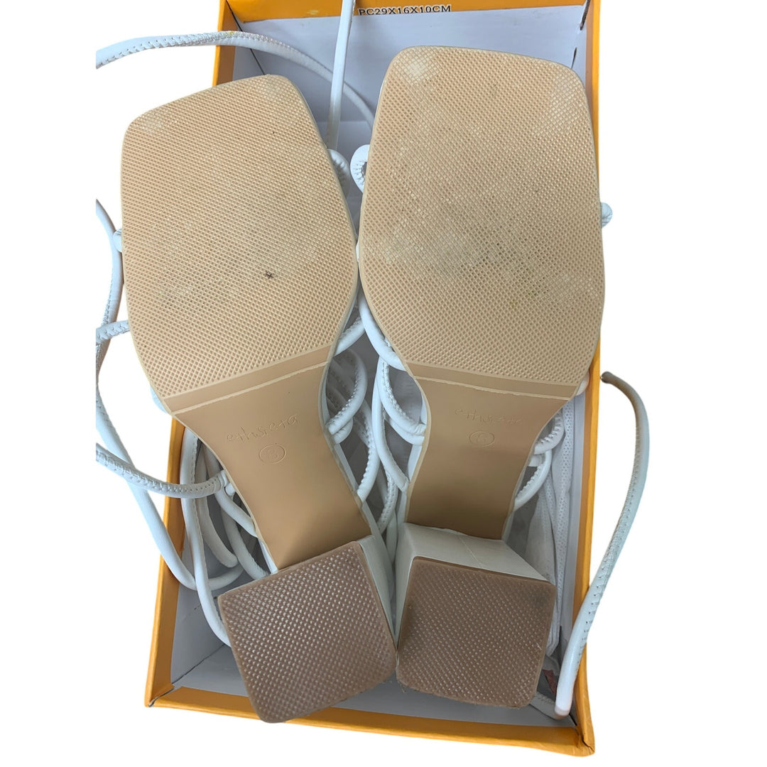 Ethsieta Womens Size 8 White Faux Leather Strappy 4" Chunky Heel Sandal Shoes