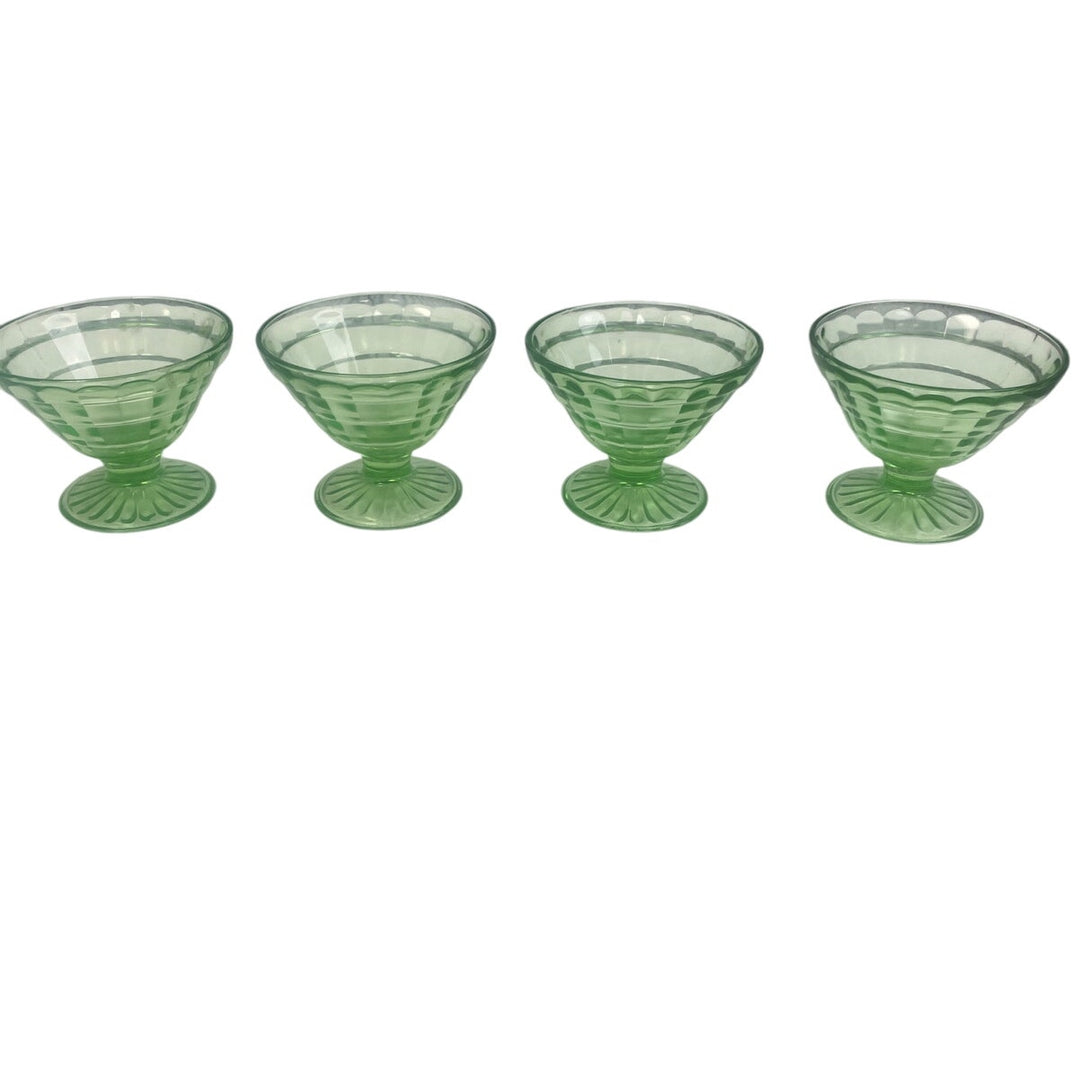 Lot of 4 Vintage Clear Green Glass Footed Textured Dessert Serving Bowls
