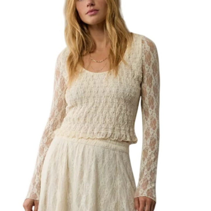 New American Eagle Womens Medium Cream Long Sleeve Lacy Sheer Smocked Top