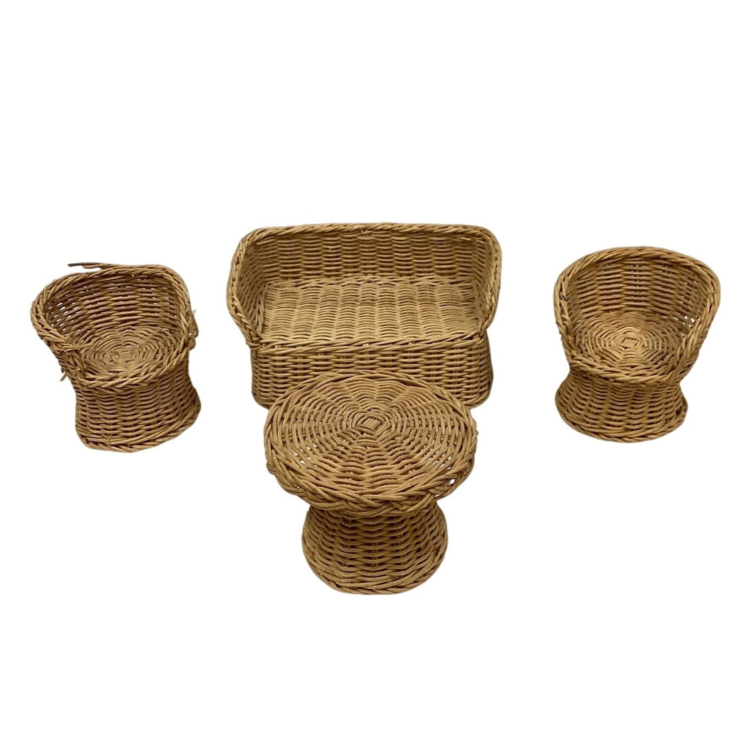 4 Piece Vintage Rattan Doll House Chairs Table Couch Stuffed Bear Furniture Set
