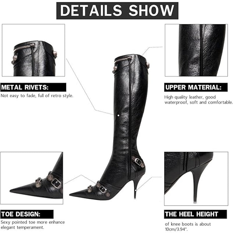 New Vomira Womens 8 Black Faux Leather Silver Stud Knee High 5" Heel Boot Shoes