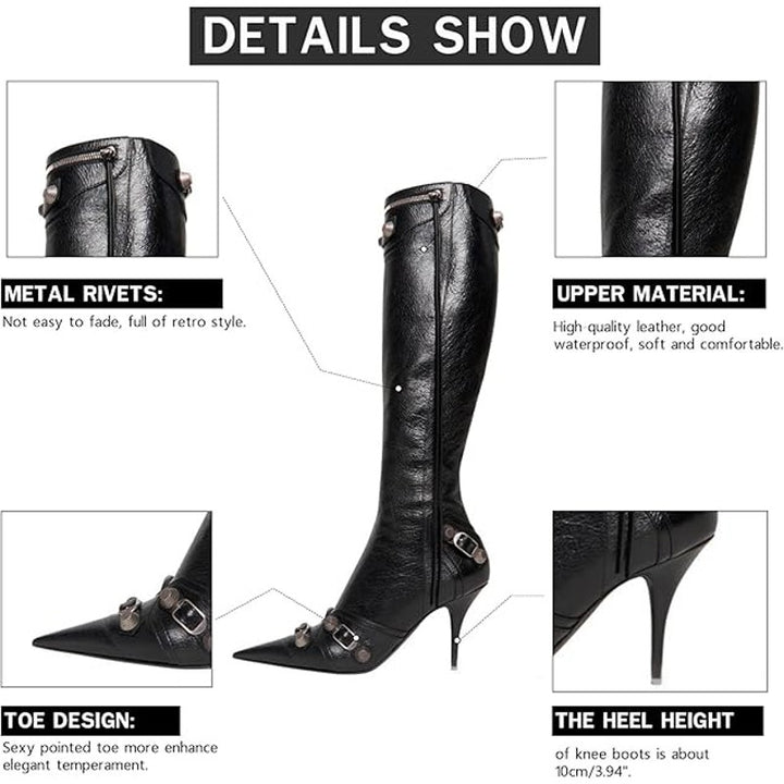 New Vomira Womens 8 Black Faux Leather Silver Stud Knee High 5" Heel Boot Shoes