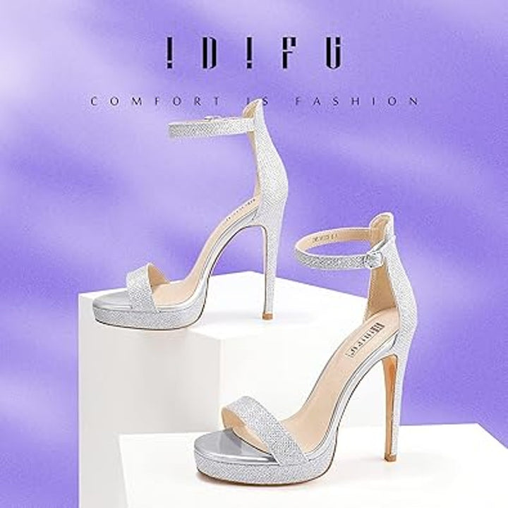 Idifu Womens Size 9 Silver Glitter 5" Platform Heel Open Toe Ankle Strap Shoes