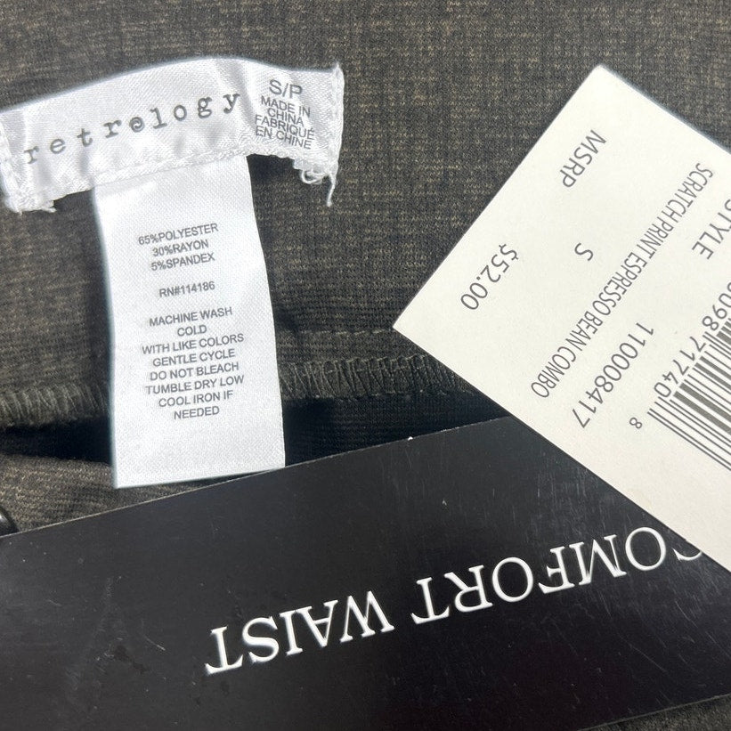 NWT New Retrology Womens Small Espresso Bean Polyester Blend Scratch Print Pants