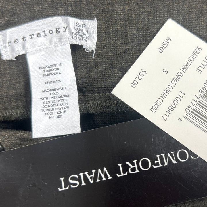 NWT New Retrology Womens Small Espresso Bean Polyester Blend Scratch Print Pants
