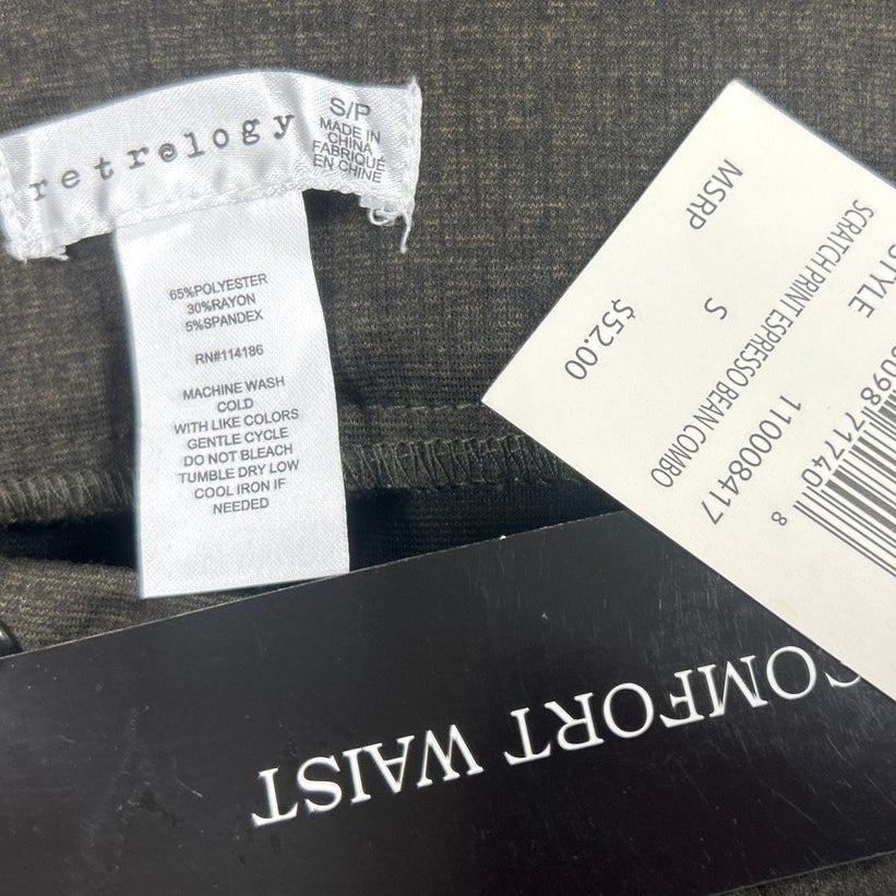 NWT New Retrology Womens Small Espresso Bean Polyester Blend Scratch Print Pants