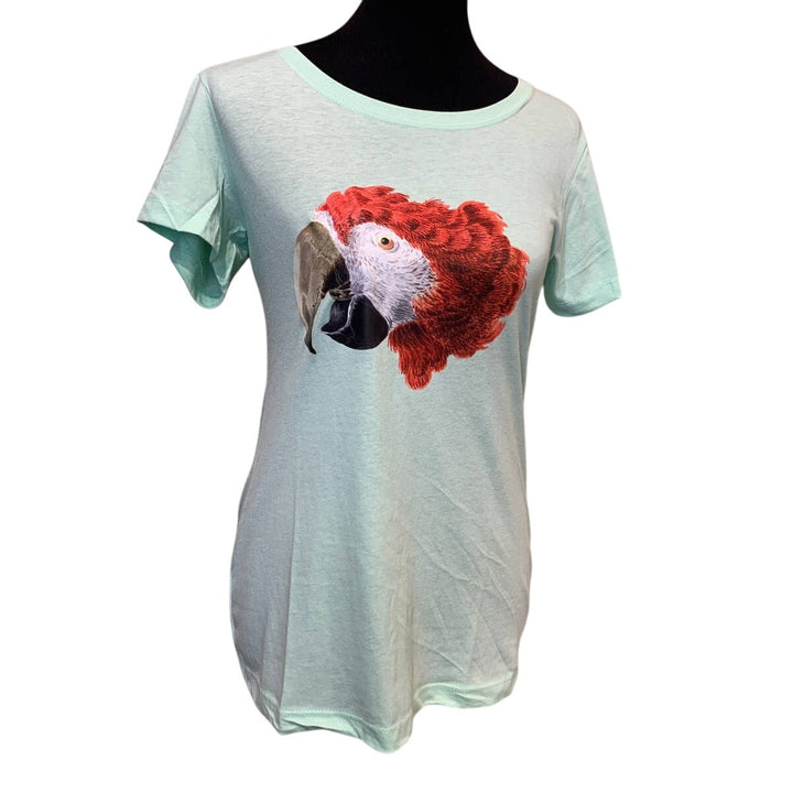 New Hand Printed Womens Medium Red Macaw Parrot Ukraine Artist Fundraiser Tee