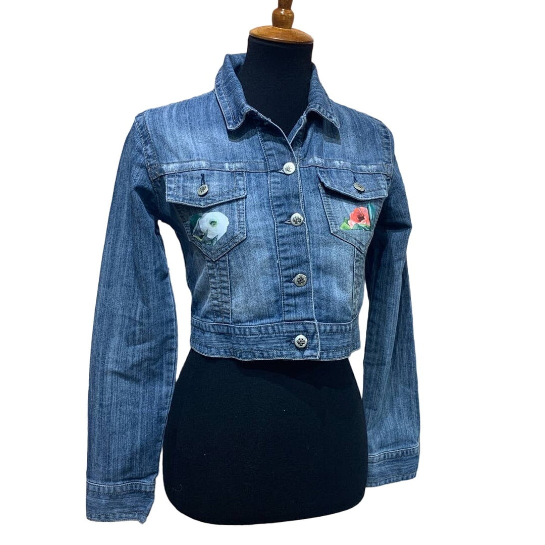 Hand Printed Upcycled Womens Small Flower Denim Button Up Cropped Jean Jacket