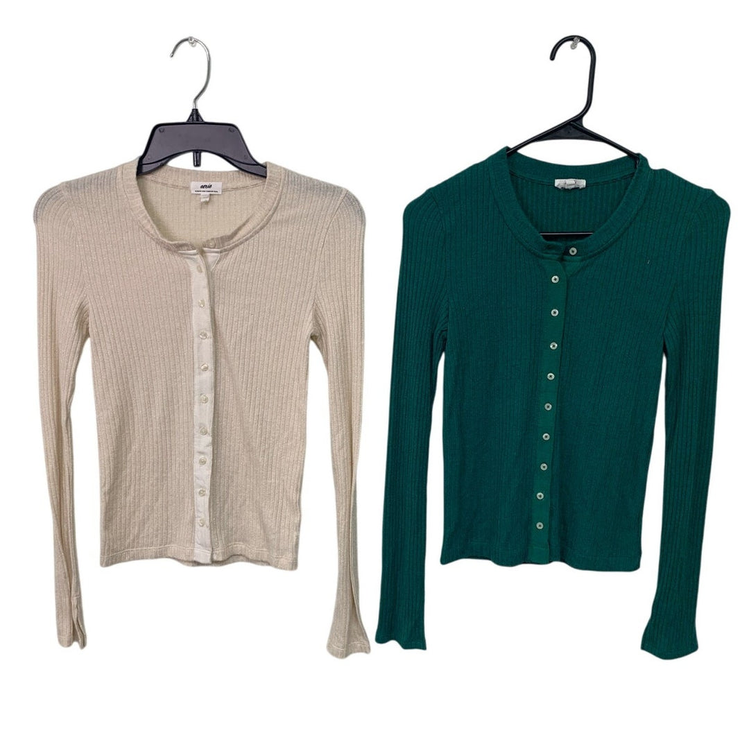 2 New Aerie Womens Small Cotton Blend Button Up Long Sleeve Crew Neck Tops