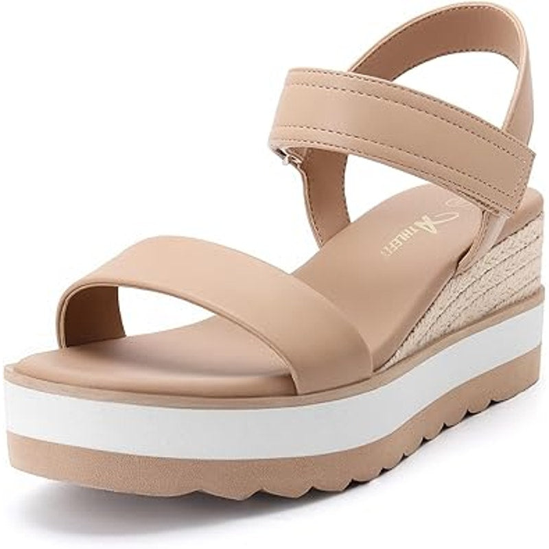 Athlefit Womens Size 6.5 Tan Hook Loop 2.5" Platform Open Toe Espadrille Sandals